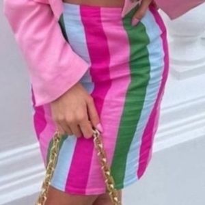Zara Strip Linen Blend Pink Green Mini Skirt Size XS